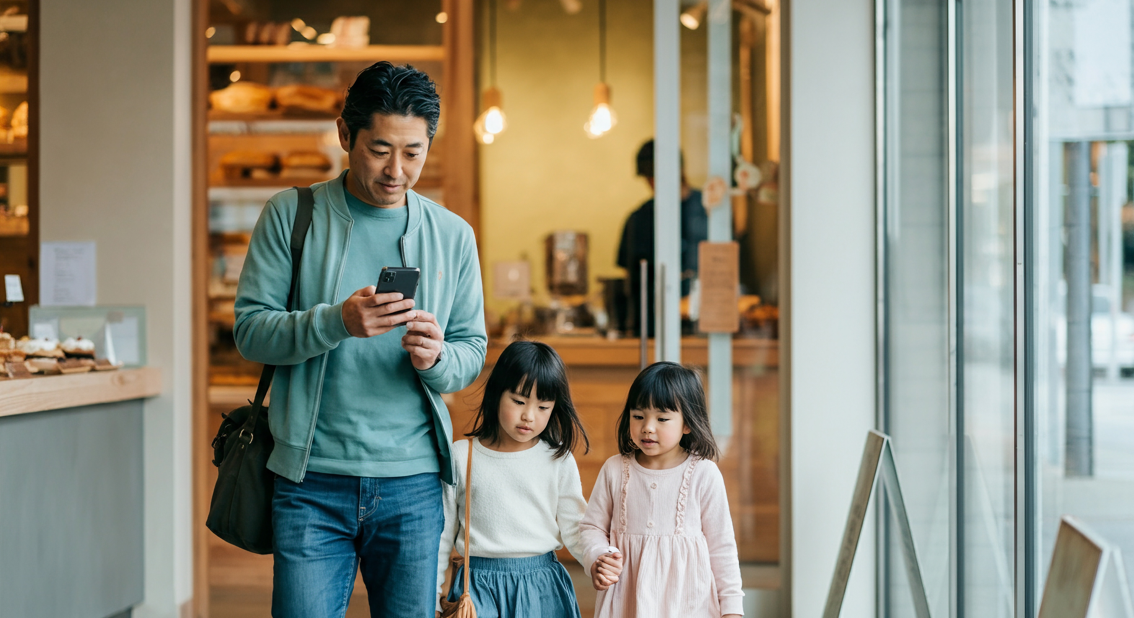 Hiro at the bakery with his two daughters, looking at his phone as the charge-complete alert lands
